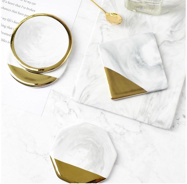 White & Gold Ceramic Marble Coasters - PosterCoaster